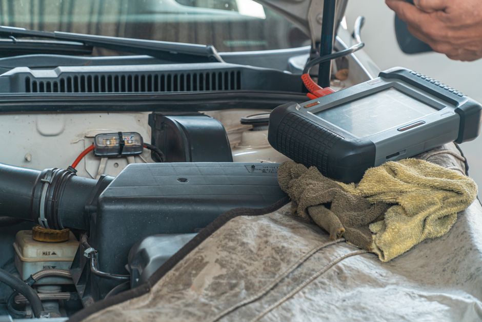 Valise de diagnostic électronique posée sur le moteur d'une voiture capot ouvert